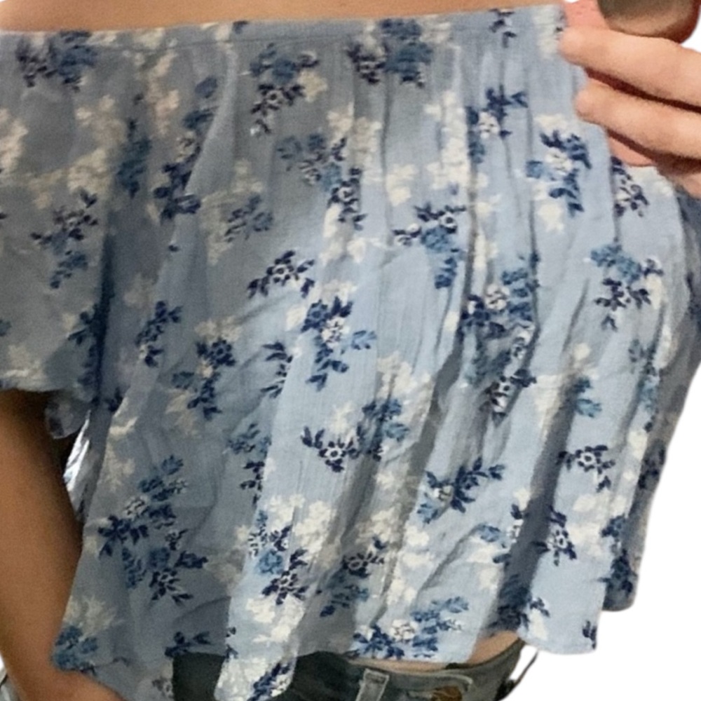 IRIS Cropped Off The Shoulder Hues Of Blues Floral Blouse